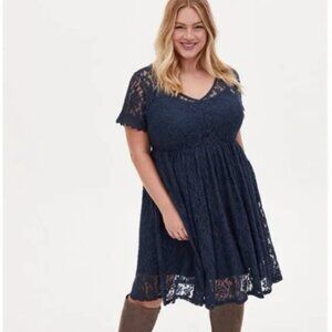 Torrid Mini Lace Skater Dress Midnight Blue V Neck Short Crochet Sleeve